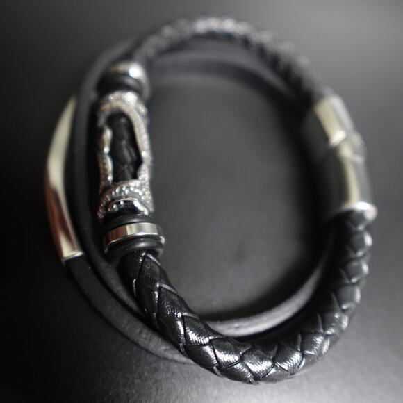 Stainless Steel Bar Accent and Leather Bracelet with Skull & Snake - Picture 6 of 9